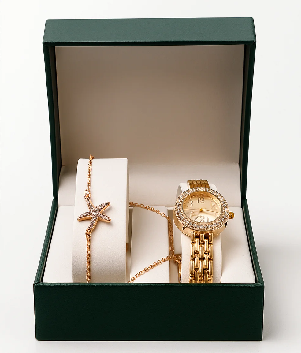 طقم ساعة وسوار نسائي أنيق - لون ذهبي من الفولاذ المقاوم للصدأ